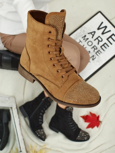 Eco-suede laced women's ankle boots with zircons Marvelli