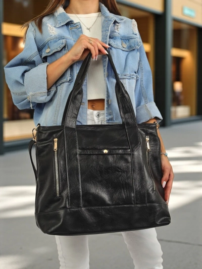 Eko-nahast naiste käekott Nerina – must Itaalia shopper-kott lukuga