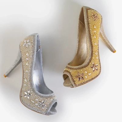OUTLET Gold women's brocade pumps with cubic zirconia and pearls Gitana - Footwear