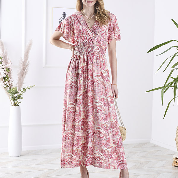 Patterned pink women's midi dress Clothing