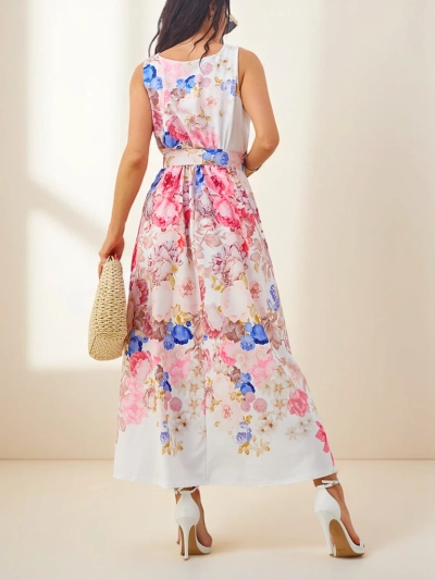 Royalfashion Women's viscose midi dress with straps, with a belt in various flowers