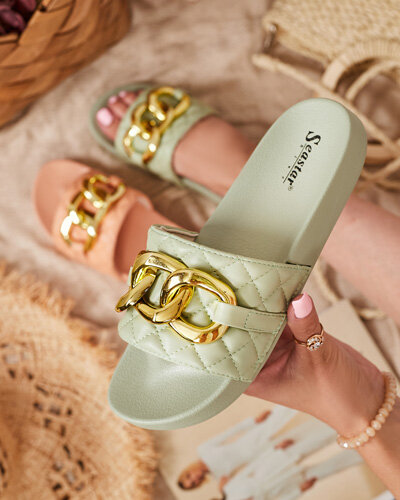 Women's green quilted slippers with a gold chain Eteris - Footwear