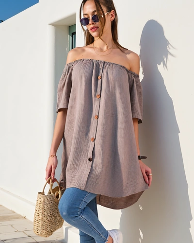 Royalfashion Women's cotton blouse a'la off-the-shoulder with decorative buttons