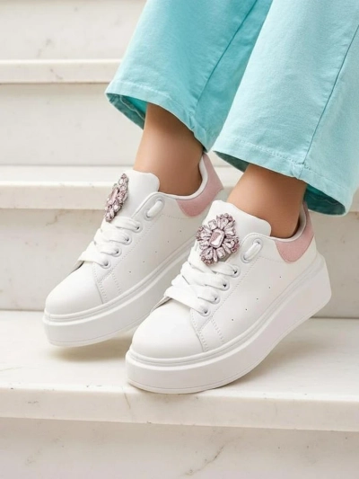 Hypatia Bianco women's eco-leather sneakers with decoration and pink accent