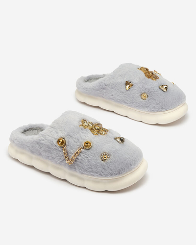 Royalfashion Синие женские меховые тапочки с орнаментом Erserra