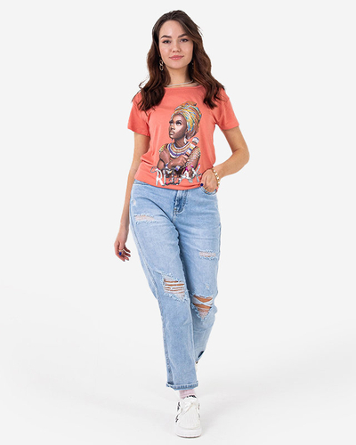 Orange women's t-shirt with colored print and sequins - Clothing