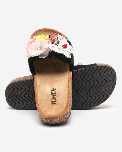 Women's slippers with fabric flowers in black Ososi- Footwear