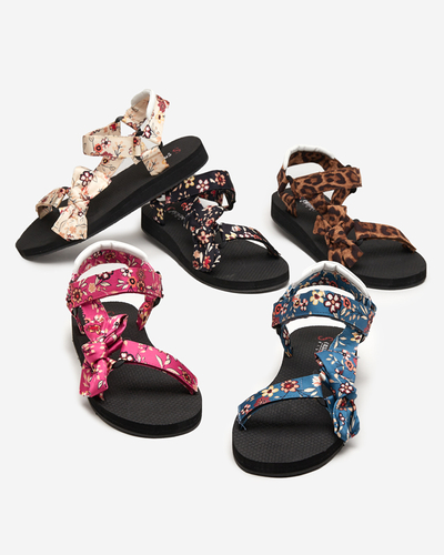 Ladies 'black sandals with blue stripes with Lilien flowers - Footwear