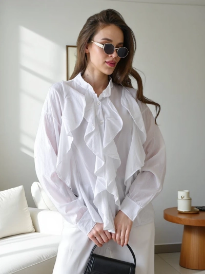 Royalfashion Cotton shirt adorned with ruffles and buttoned