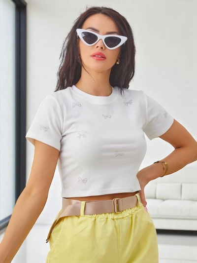 Royalfashion Women's cotton crop top with bow-shaped rhinestones