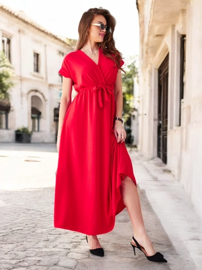 Royalfashion Women's midi dress with a wrap neckline, short sleeves, and a belt