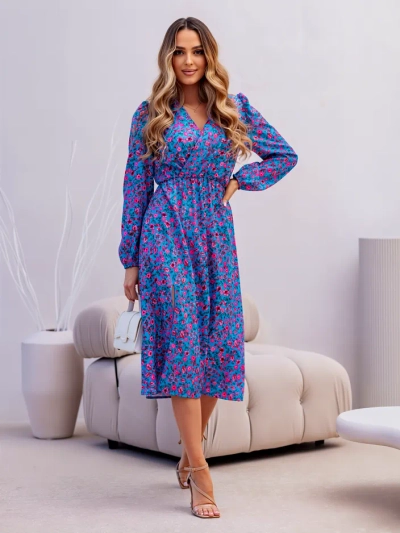 Royalfashion Women's midi dress with tiny flowers, wrap neckline, and slit