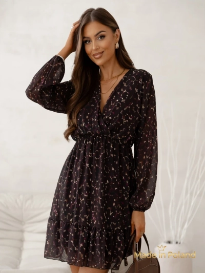Royalfashion Patterned Women's mini dress with ruffles and wrap neckline