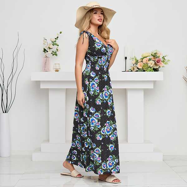 Women's black maxi dress with blue flowers - Clothing