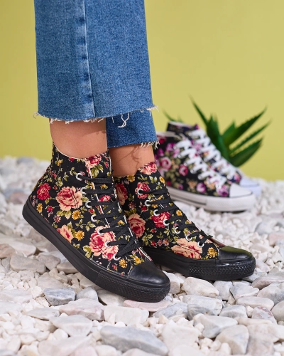 Royalfashion Naiste kõrged mustad lilleprindiga tossud Fahenna