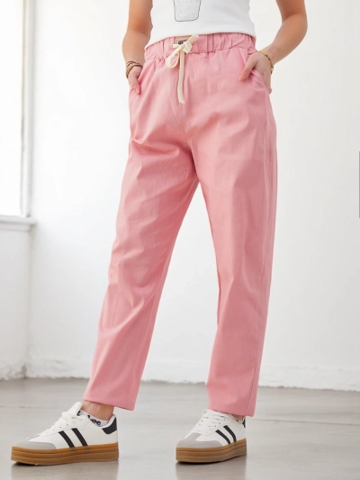 Royalfashion Cotton straight women's trousers with a tie at the waist