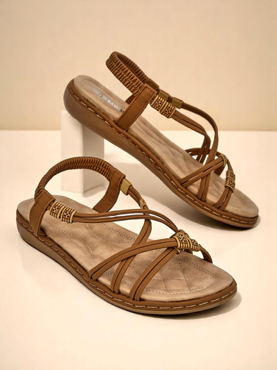 Женские сандалии Royalfashion Cressida camel плоские комфортные кожаные эко летние