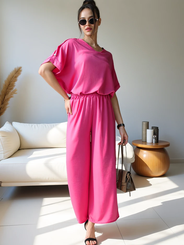 Royalfashion Women's casual set with a short-sleeve blouse and wide trousers