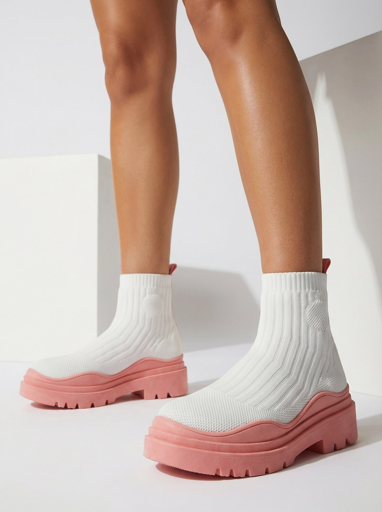 Women's boots on a thicker sole in white and pink Korlic-Shoes