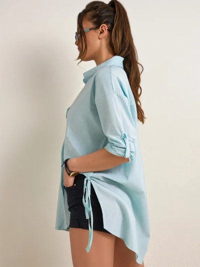 Royalfashion Women's longer cotton striped shirt with a tie at the waist