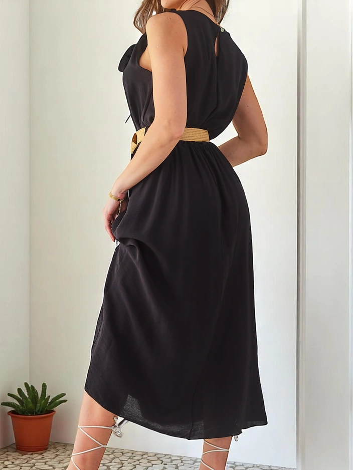 Royalfashion Women's midi dress with straps, featuring a round neckline with a decorative flower