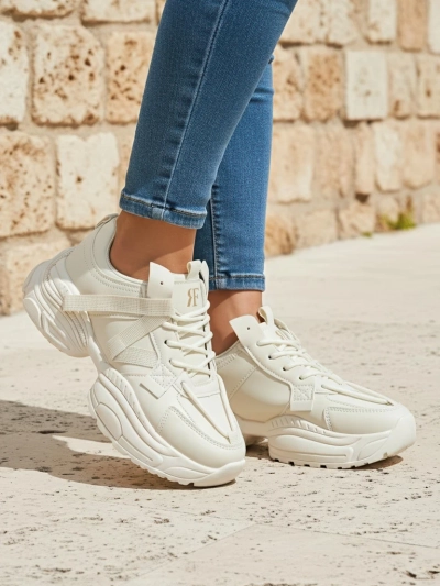 Beige Platina Roma women's sneakers on a flat heel, eco leather, 5 cm