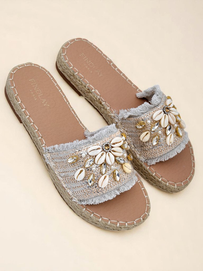 Royalfashion Perseida women's sandals silver with shells on a flat sole