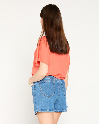 Orange women's t-shirt with gold print and cubic zirconia - Clothing