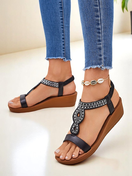 Perseida Royalfashion black eco-leather wedge sandals with crystals 4.5cm