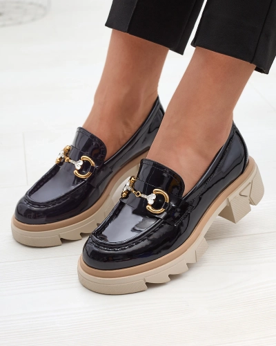 Lacquered black women's moccasins with crystals Inriw - Footwear