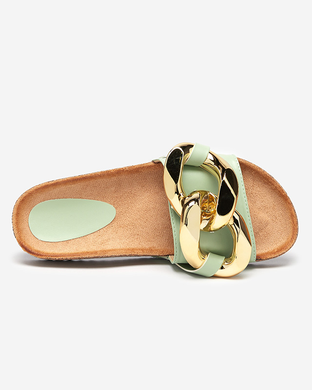 Женские сандалии Thalia Royalfashion зеленые с цепочкой на плоской подошве