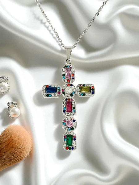 Aurelia Cross Necklace with Colorful Crystals Silver