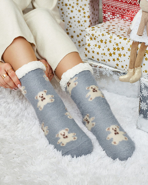 Royalfashion Warmed gray women's socks with teddy bears