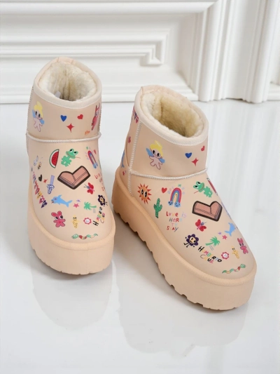 Callisto Angelico Insulated Shoes with Children's Drawings on Beige Platform