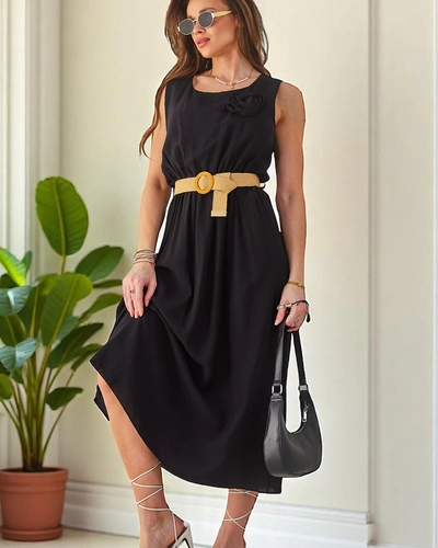 Royalfashion Women's midi dress with straps, featuring a round neckline with a decorative flower