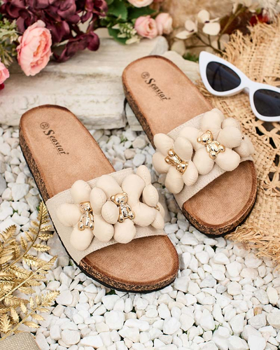 Royalfashion Women's flip-flops with gold teddy bears and flowers Isaralle