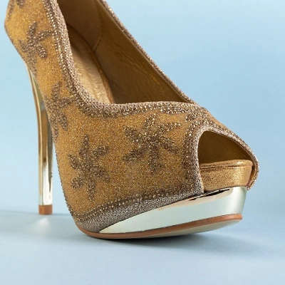 OUTLET Gold brocade women's high heels with cubic zirconia Yilla - Footwear