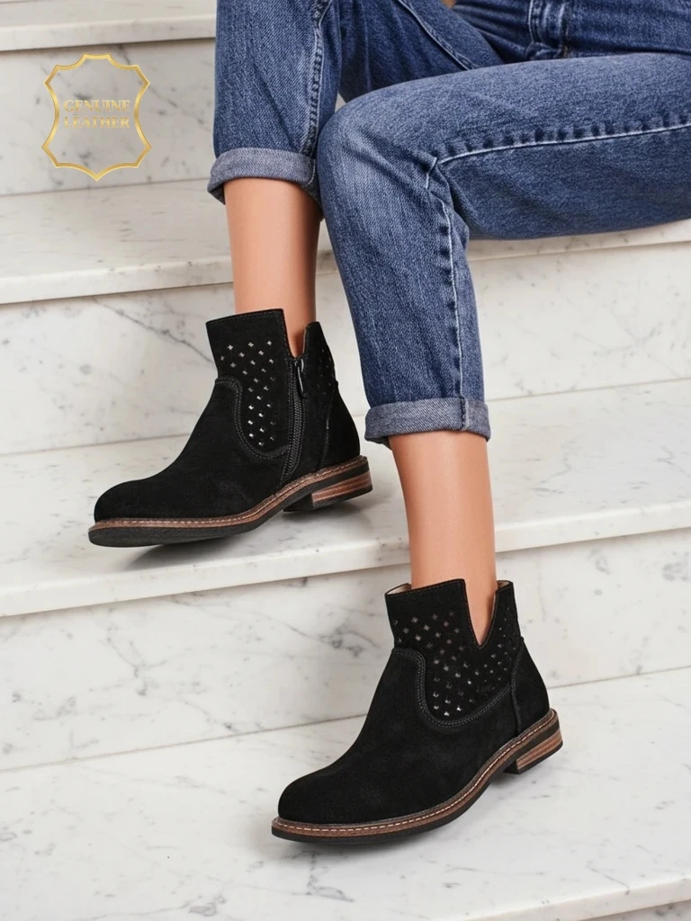 Ботфорты Aurelia Nero замшевые ажурные женские ботинки плоский каблук 3см