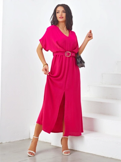 Royalfashion Women's midi dress with short sleeves, V-neck, and center slit