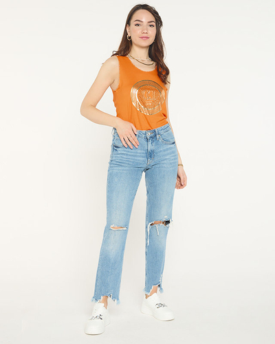 Orange shoulder blouse with print and cubic zirconia - Clothing