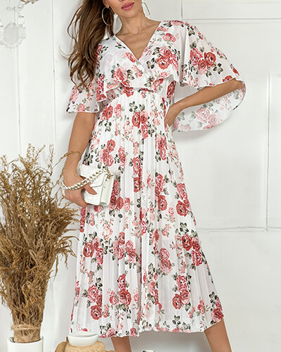 Royalfashion Women's pleated floral midi dress