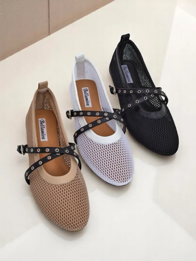 Royalfashion Calista Bianca Ballet Flats – Women's White Mesh Shoes with Black Straps