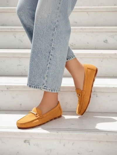 Camel Aurelia Women's Suede Moccasins with Decoration - Comfort and Style on a Flat Heel