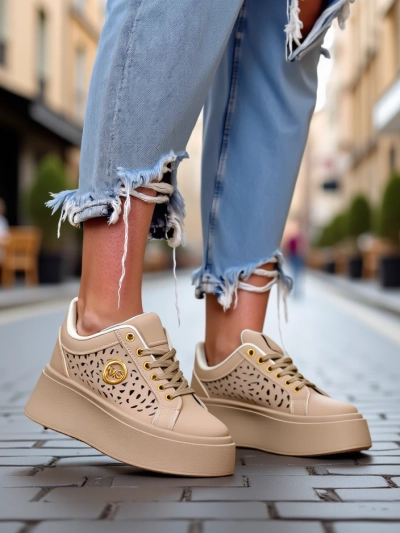 Cleo Ecru Platino – beige platform sneakers Royalfashion eco leather
