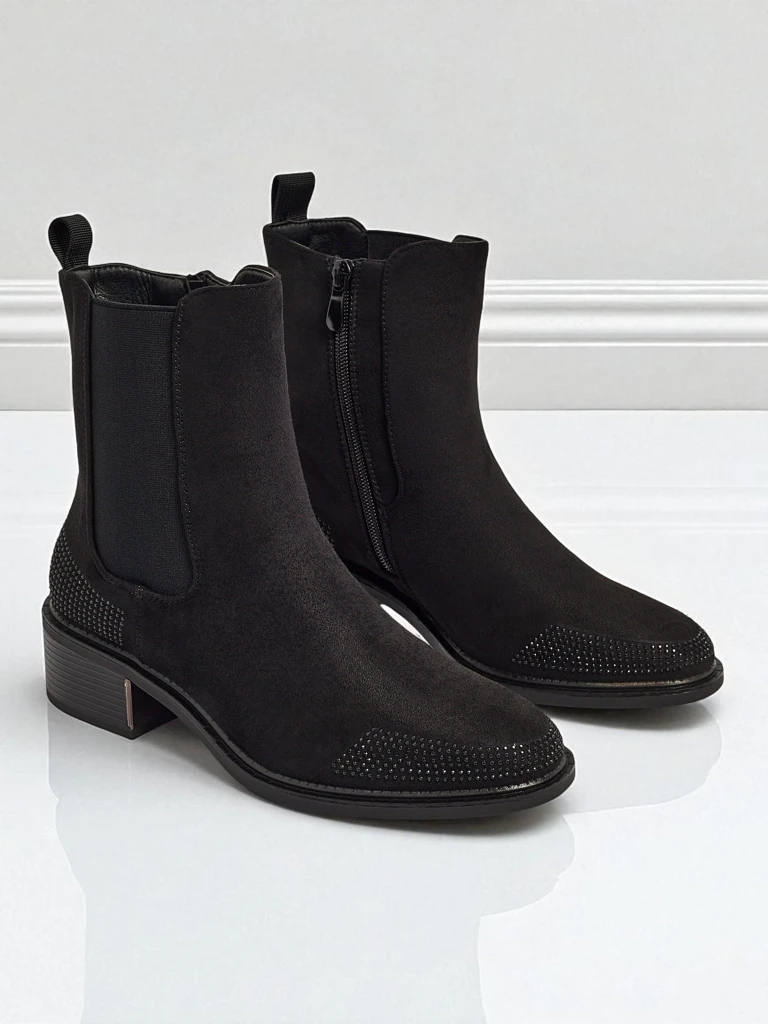 Women's Eco Suede Ankle Boots Decorated with Rhinestones TangleMist