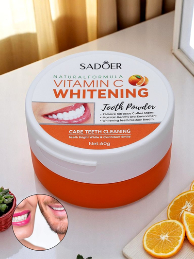 Sadoer Whitening tooth powder removing stains from coffee, tea, and tobacco with Vit C