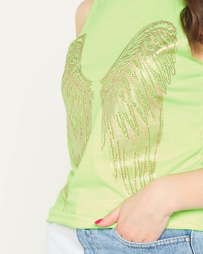 Neon green women's top with gold wing print - Clothing
