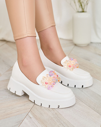Royalfashion White women's moccasins with colorful crystals Crystal Glam
