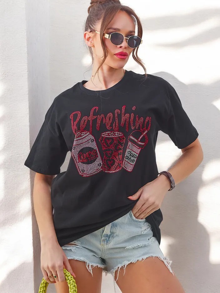 Royalfashion Naiste puuvillane t-särk rhinestone printiga