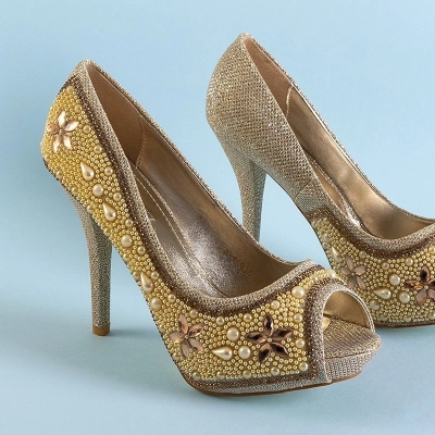 OUTLET Gold women's brocade pumps with cubic zirconia and pearls Gitana - Footwear